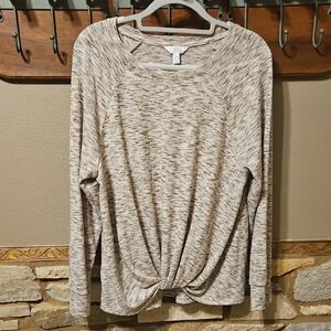 Time and Tru Heathered Beige Long Sleeve Twist Top Size XL